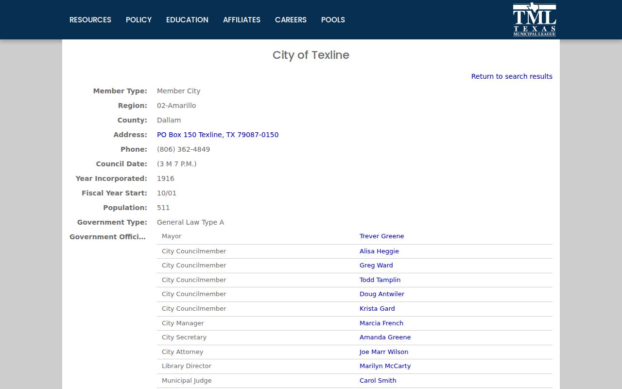 Texas Municipal League official Texline city profile